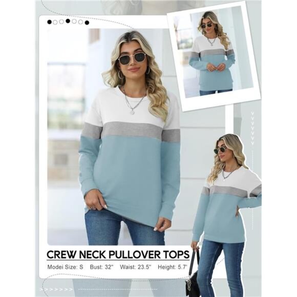 Women’s Casual Long Sleeve Color Block Crewneck Sweatshirt with Pockets - Picture 4 of 6
